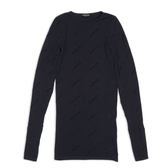 NWT Balenciaga Flock Top All Over Logo Black Long Sleeves Crewneck Fitted - Picture 2 of 6